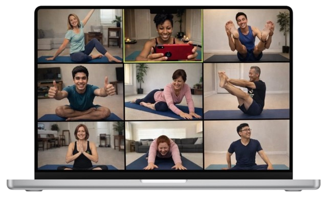 MacBook mockup showing a Zoom yoga lesson with multiple participants